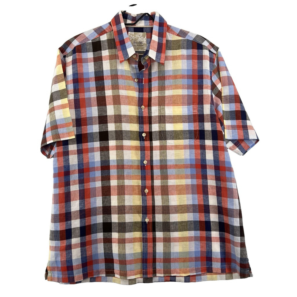 Tasso Elba Casual Button-Front Shirt Large plaid Yellow Blue Red Men's Linen
